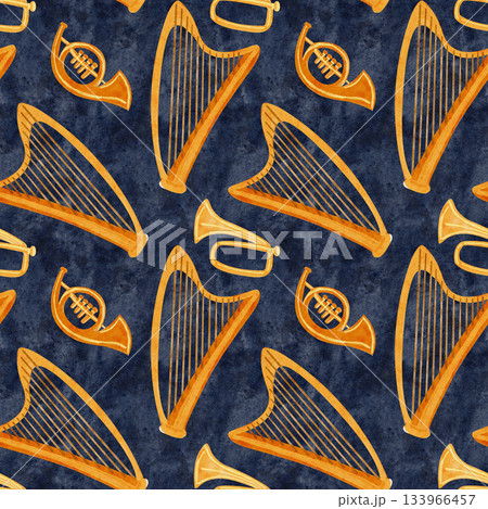 Brass and harp instruments watercolor seamless pattern in golden tones. Hand-painted musical clip art on textured blue, ideal for Christmas themes, nativity scenes, festive decor, creative projects Brass and harp instruments watercolor seamless pattern in golden tones. Hand-painted musical clip art on textured blue, ideal for Christmas themes, nativity scenes, festive decor, creative projects 133966457