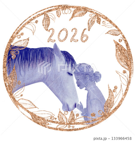 Gentle moment between horse person, watercolor illustration isolated on white painted in purple, golden accent. Perfect for year 2026 calendar, animal designs, trust, kindness, emotional storytelling Gentle moment between horse person, watercolor illustration isolated on white painted in purple, golden accent. Perfect for year 2026 calendar, animal designs, trust, kindness, emotional storytelling 133966458