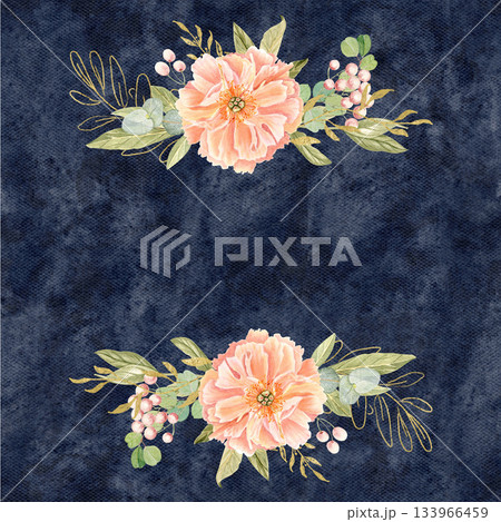 Elegant peach peonies, delicate greenery, subtle gold accents watercolor floral frame isolated on dark blue. Hand-painted perfect for wedding invitations, branding, packaging, cards. Square template Elegant peach peonies, delicate greenery, subtle gold accents watercolor floral frame isolated on dark blue. Hand-painted perfect for wedding invitations, branding, packaging, cards. Square template 133966459