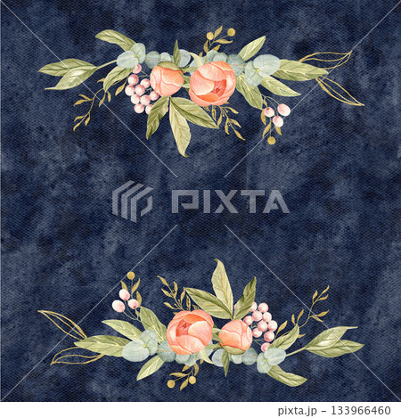 Elegant peach peonies, delicate greenery, subtle gold accents watercolor floral frame isolated on dark blue. Hand-painted perfect for wedding invitations, branding, packaging, cards. Square template Elegant peach peonies, delicate greenery, subtle gold accents watercolor floral frame isolated on dark blue. Hand-painted perfect for wedding invitations, branding, packaging, cards. Square template 133966460