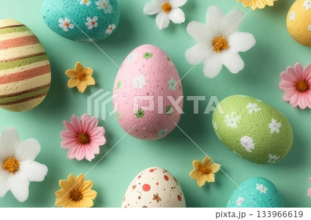 Easter background, pattern. Easter colored eggs, themed Easter decorations, floral decor on light green background. Top view. Easter background, pattern. Easter colored eggs, themed Easter decorations, floral decor on light green background. Top view. 133966619