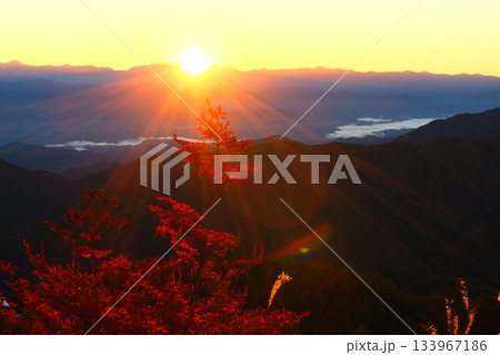 阿智村天空の楽園ヘブンスそのはらの星空と日の出 133967186