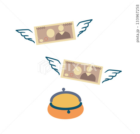 がま口財布からお金が飛んでいっているイラスト_出費・散財 133967258