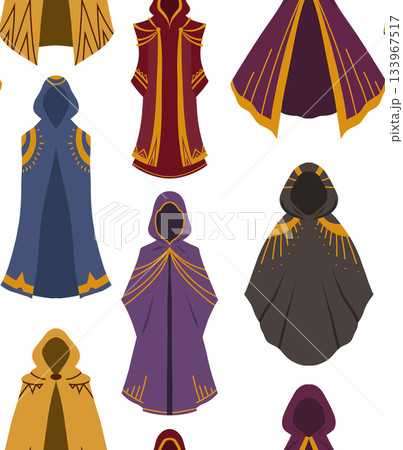 Vector seamless pattern with fantasy cloaks on white background. Texture with wizard clothing for games and concept art. Vector seamless pattern with fantasy cloaks on white background. Texture with wizard clothing for games and concept art. 133967517