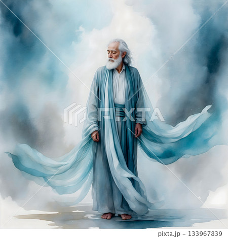 Dreamlike Abstract Watercolor of an Elderly Man in Misty Blues 133967839