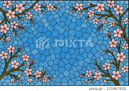 フレーム素材　満開の桜　青空　ステンドグラス調 133967928