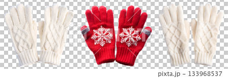 Set of winter Christmas gloves with winter patterns on transparent background, PNG image Set of winter Christmas gloves with winter patterns on transparent background, PNG image 133968537