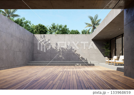 Modern loft style outdoor terrace with wooden deck and concrete walls 3D render Modern loft style outdoor terrace with wooden deck and concrete walls 3D render 133968659