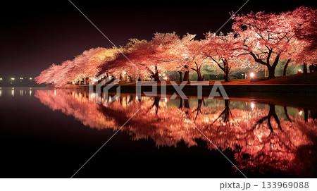 水面に映る夜桜 133969088