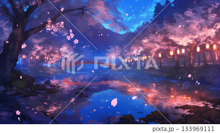 水面に映る夜桜 133969111