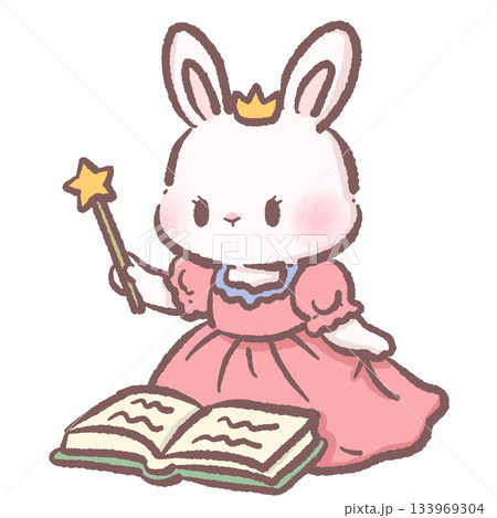 Kawaii bunny princess holding magic wand with open book cute pastel rabbit character fairytale spell casting scene adorable children storybook illustration 133969304