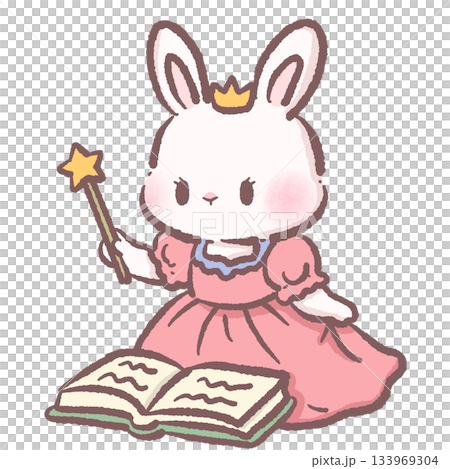 Kawaii bunny princess holding magic wand with open book cute pastel rabbit character fairytale spell casting scene adorable children storybook illustration 133969304