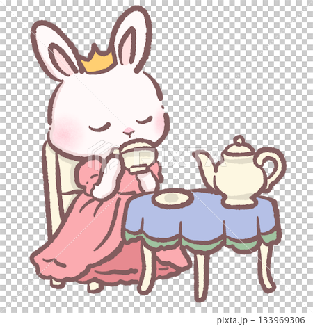 Kawaii bunny princess drinking tea at table cute pastel rabbit character cozy teatime fairytale scene adorable children storybook illustration charming art Kawaii bunny princess drinking tea at table cute pastel rabbit character cozy teatime fairytale scene adorable children storybook illustration charming art 133969306