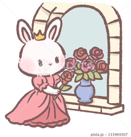 Kawaii bunny princess arranging roses at window cute pastel rabbit character floral fairytale scene adorable children storybook illustration 133969307