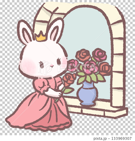 Kawaii bunny princess arranging roses at window cute pastel rabbit character floral fairytale scene adorable children storybook illustration Kawaii bunny princess arranging roses at window cute pastel rabbit character floral fairytale scene adorable children storybook illustration 133969307