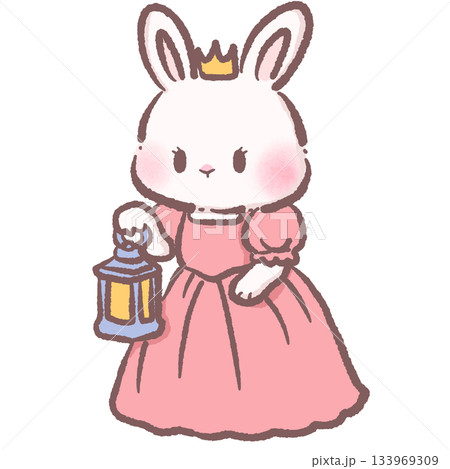 Kawaii bunny princess holding lantern cute pastel rabbit character nighttime fairytale scene adorable children storybook illustration soft charming art 133969309