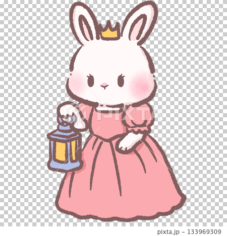 Kawaii bunny princess holding lantern cute pastel rabbit character nighttime fairytale scene adorable children storybook illustration soft charming art 133969309