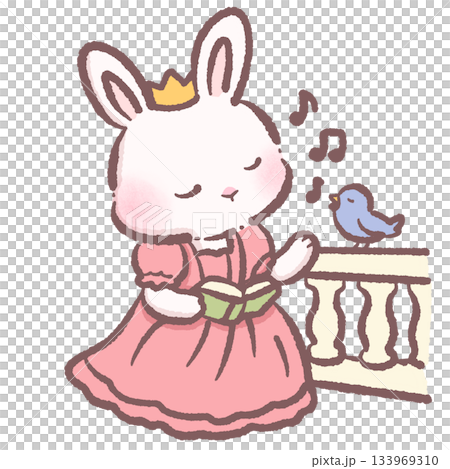 Kawaii bunny princess singing with bluebird holding book cute pastel rabbit character fairytale balcony scene adorable children storybook illustration 133969310