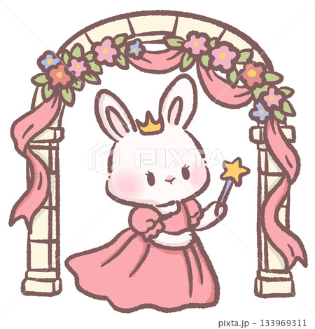 Kawaii bunny princess holding magic wand under floral arch cute pastel rabbit character fairytale garden scene adorable children storybook illustration Kawaii bunny princess holding magic wand under floral arch cute pastel rabbit character fairytale garden scene adorable children storybook illustration 133969311