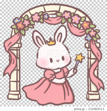 Kawaii bunny princess holding magic wand under floral arch cute pastel rabbit character fairytale garden scene adorable children storybook illustration 133969311