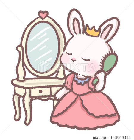 Kawaii bunny princess brushing hair at vanity table cute pastel rabbit character fairytale grooming scene adorable children storybook illustration Kawaii bunny princess brushing hair at vanity table cute pastel rabbit character fairytale grooming scene adorable children storybook illustration 133969312