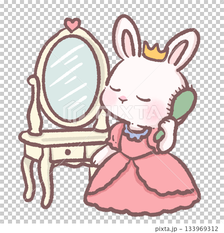 Kawaii bunny princess brushing hair at vanity table cute pastel rabbit character fairytale grooming scene adorable children storybook illustration Kawaii bunny princess brushing hair at vanity table cute pastel rabbit character fairytale grooming scene adorable children storybook illustration 133969312