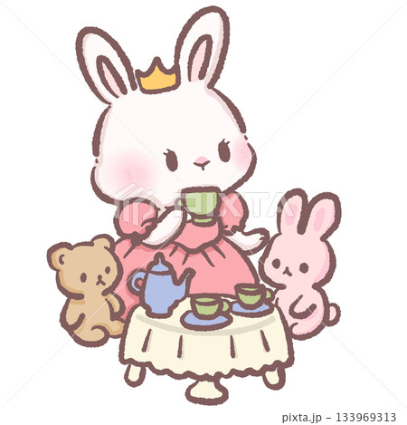 Kawaii bunny princess at tea party with bear and bunny friends cute pastel rabbit illustration adorable fairytale teatime scene children storybook style Kawaii bunny princess at tea party with bear and bunny friends cute pastel rabbit illustration adorable fairytale teatime scene children storybook style 133969313