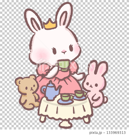 Kawaii bunny princess at tea party with bear and bunny friends cute pastel rabbit illustration adorable fairytale teatime scene children storybook style Kawaii bunny princess at tea party with bear and bunny friends cute pastel rabbit illustration adorable fairytale teatime scene children storybook style 133969313