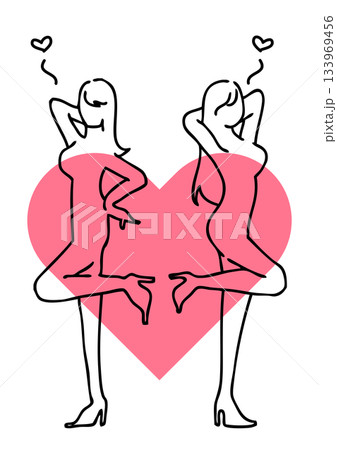 恋愛・誘惑・セクシーな女性と大きなハートの線画イラスト（ハニートラップ/魅惑のイメージ） 133969456
