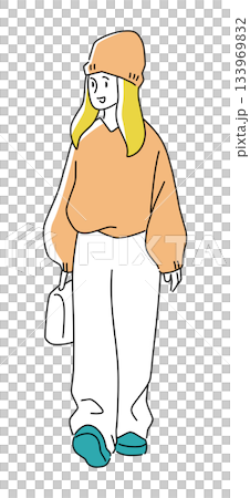 ニット帽をかぶったゆるい服装の女性の全身イラスト ニット帽をかぶったゆるい服装の女性の全身イラスト 133969832
