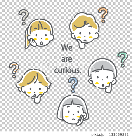 兒童臉部表情圖集 - 可愛時尚的線條畫插圖 133969851