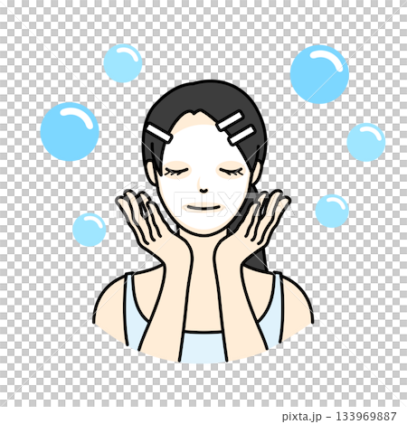 Beauty illustration of a woman with her hair clipped in place moisturizing with a face pack or sheet mask 133969887