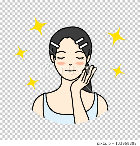 肌の手入れを終え頬に手を当て満足げな笑顔の女性の美容イラスト 133969888