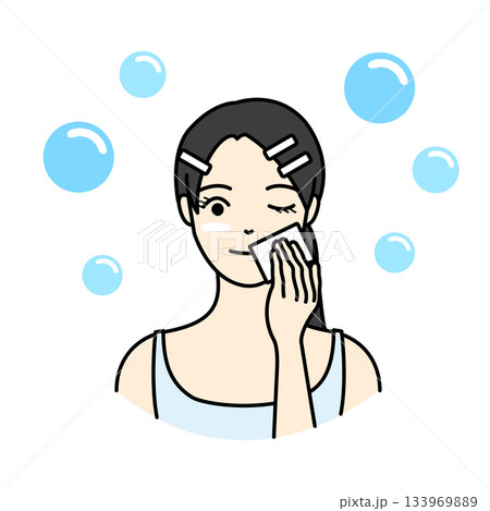髪をクリップで留めた女性の化粧水や美容液をコットンで塗るスキンケアのイラスト 髪をクリップで留めた女性の化粧水や美容液をコットンで塗るスキンケアのイラスト 133969889