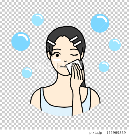 護膚插圖:頭髮用髮夾固定住的女性正在用化妝棉塗抹乳液或精華液。 護膚插圖:頭髮用髮夾固定住的女性正在用化妝棉塗抹乳液或精華液。 133969889