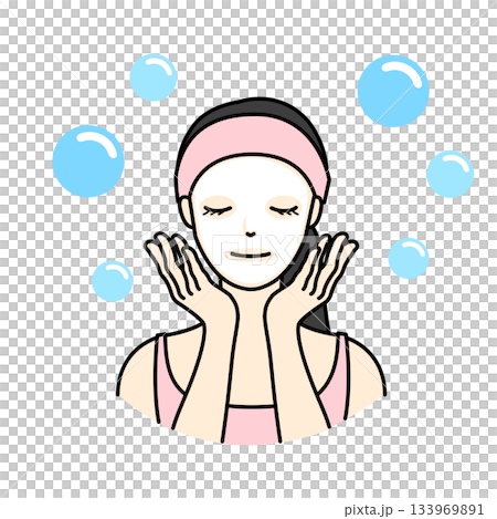 一幅美麗的插畫，描繪了一位女士頭戴粉紅色毛巾頭巾，正在用面膜或面片滋潤臉部。 133969891