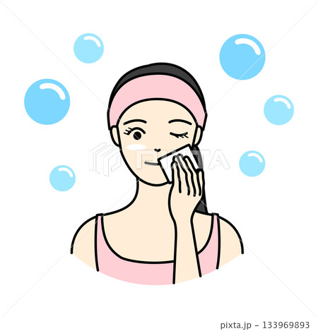 ピンクのタオルターバンを巻いた女性の化粧水や美容液を塗るスキンケアのイラスト 133969893