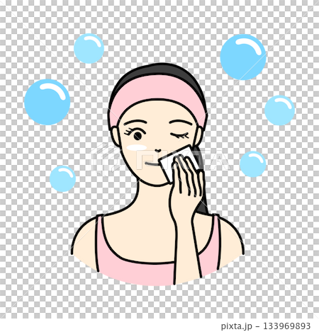 ピンクのタオルターバンを巻いた女性の化粧水や美容液を塗るスキンケアのイラスト 133969893