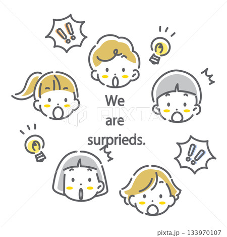 子供たちの表情セット　驚く　かわいくてお洒落な線画イラスト 133970107