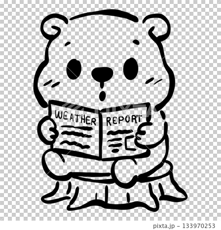 Kawaii groundhog reading weather report cute woodland animal line art adorable forecast illustration sitting on tree stump simple black and white cartoon style 133970253