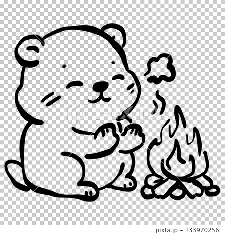 Cute groundhog warming paws by campfire simple line art adorable woodland animal illustration cozy winter scene minimalist black and white doodle style 133970256