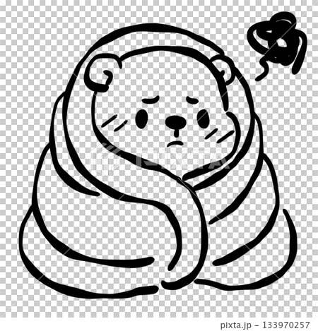 Cute groundhog wrapped in blanket feeling cold simple line art adorable woodland animal illustration cozy winter scene minimalist black and white doodle style 133970257