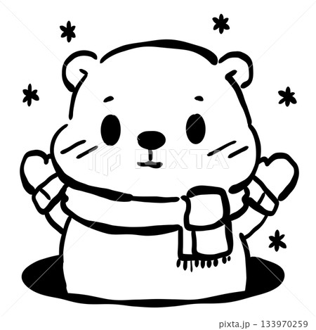 Cute groundhog wearing scarf with falling snow simple line art adorable woodland animal illustration winter theme minimalist black and white doodle style Cute groundhog wearing scarf with falling snow simple line art adorable woodland animal illustration winter theme minimalist black and white doodle style 133970259