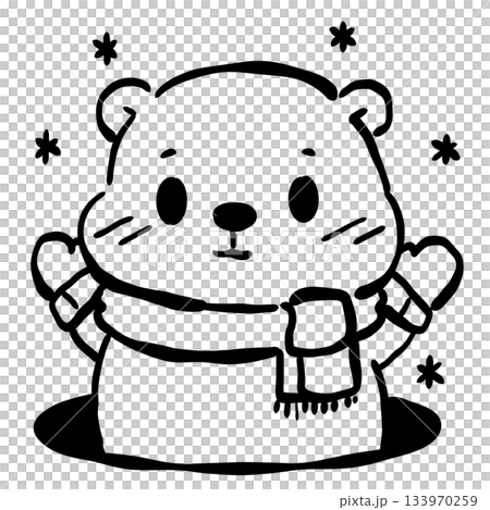 Cute groundhog wearing scarf with falling snow simple line art adorable woodland animal illustration winter theme minimalist black and white doodle style Cute groundhog wearing scarf with falling snow simple line art adorable woodland animal illustration winter theme minimalist black and white doodle style 133970259