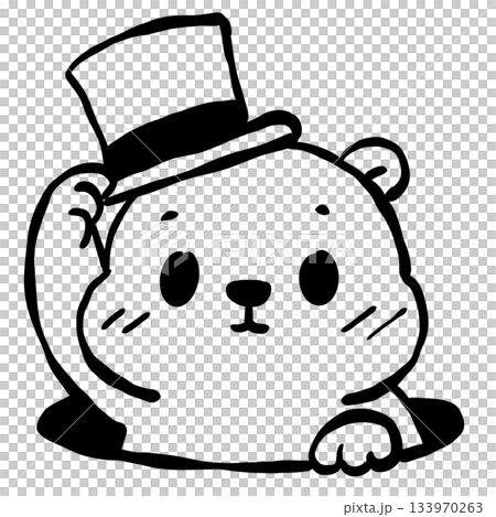 Cute groundhog tipping top hat simple line art adorable woodland animal illustration emerging from burrow minimalist black and white doodle style charming design 133970263