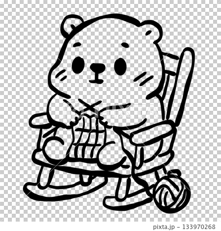 Cute groundhog knitting in rocking chair simple line art adorable woodland animal illustration cozy crafting scene minimalist black and white doodle style 133970268