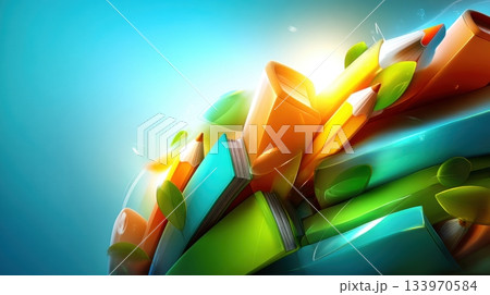 Bright pile of 3D books and pencils with green leaves against blue sky. Cheerful concept of education and creativity suitable for school banners. 133970584
