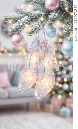 Elegant glass slippers hang on a snowy pine branch with lights. A magical holiday scene with a blurred room background. Perfect for Christmas greeting cards and fairy tale themes. 133971252