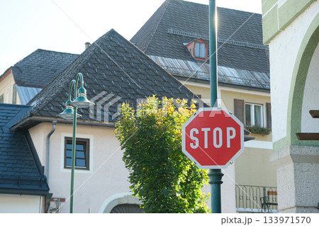 Red Octagonal STOP Sign on a Street Post Red Octagonal STOP Sign on a Street Post 133971570