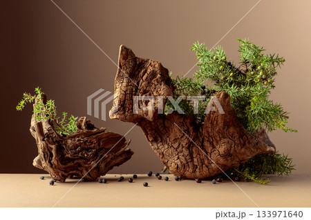 Juniper branches with berries and old wooden snags on a beige background. 133971640